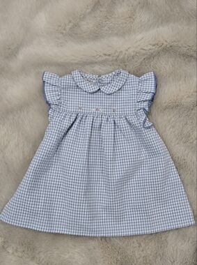 Marie Puce Paris Blue Gingham Smocked Baby Dress 6M Peter Pan Collar